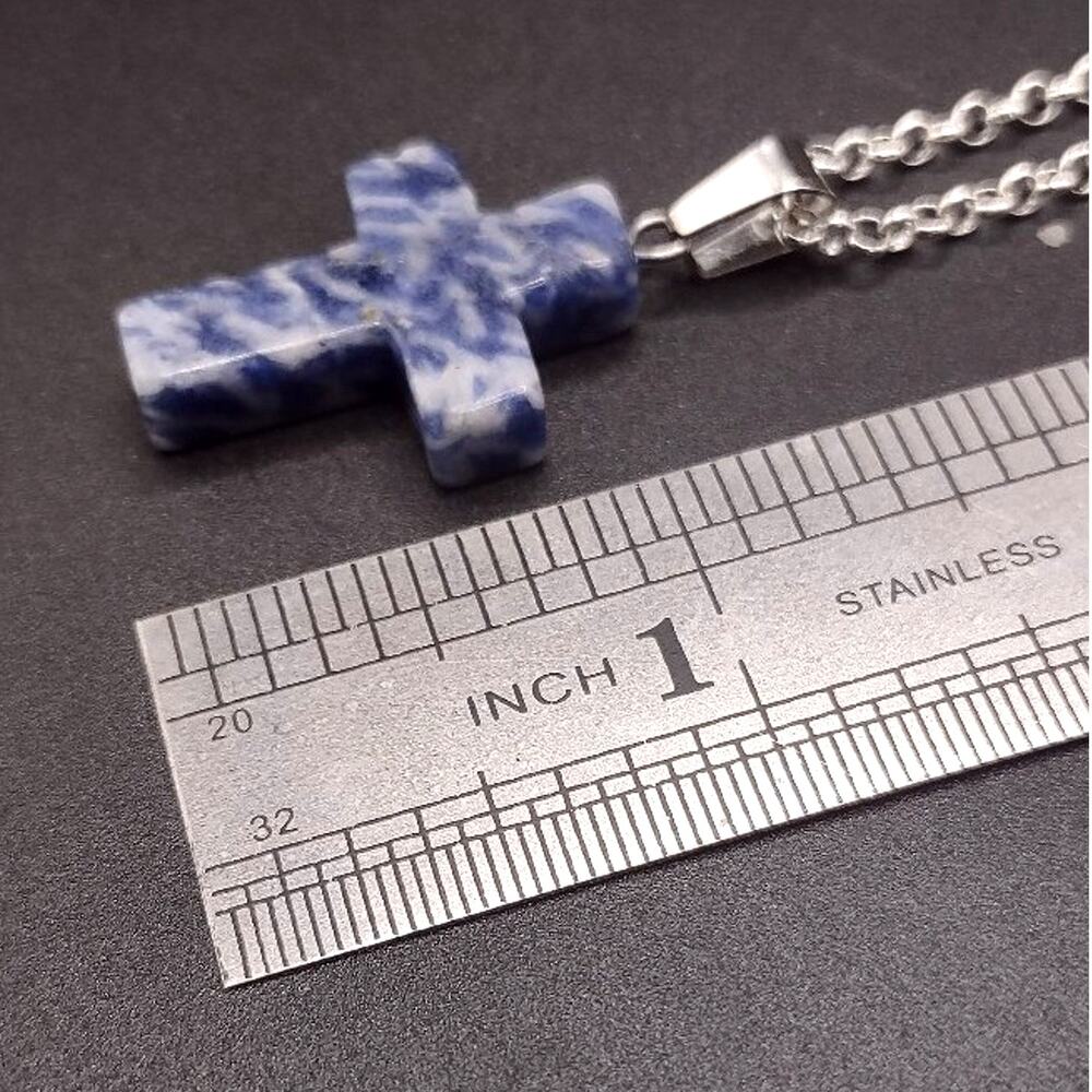 925 Silver Necklace W/ Blue Lapis Stone Cross Vtg Boho Valentine Birthday Gift